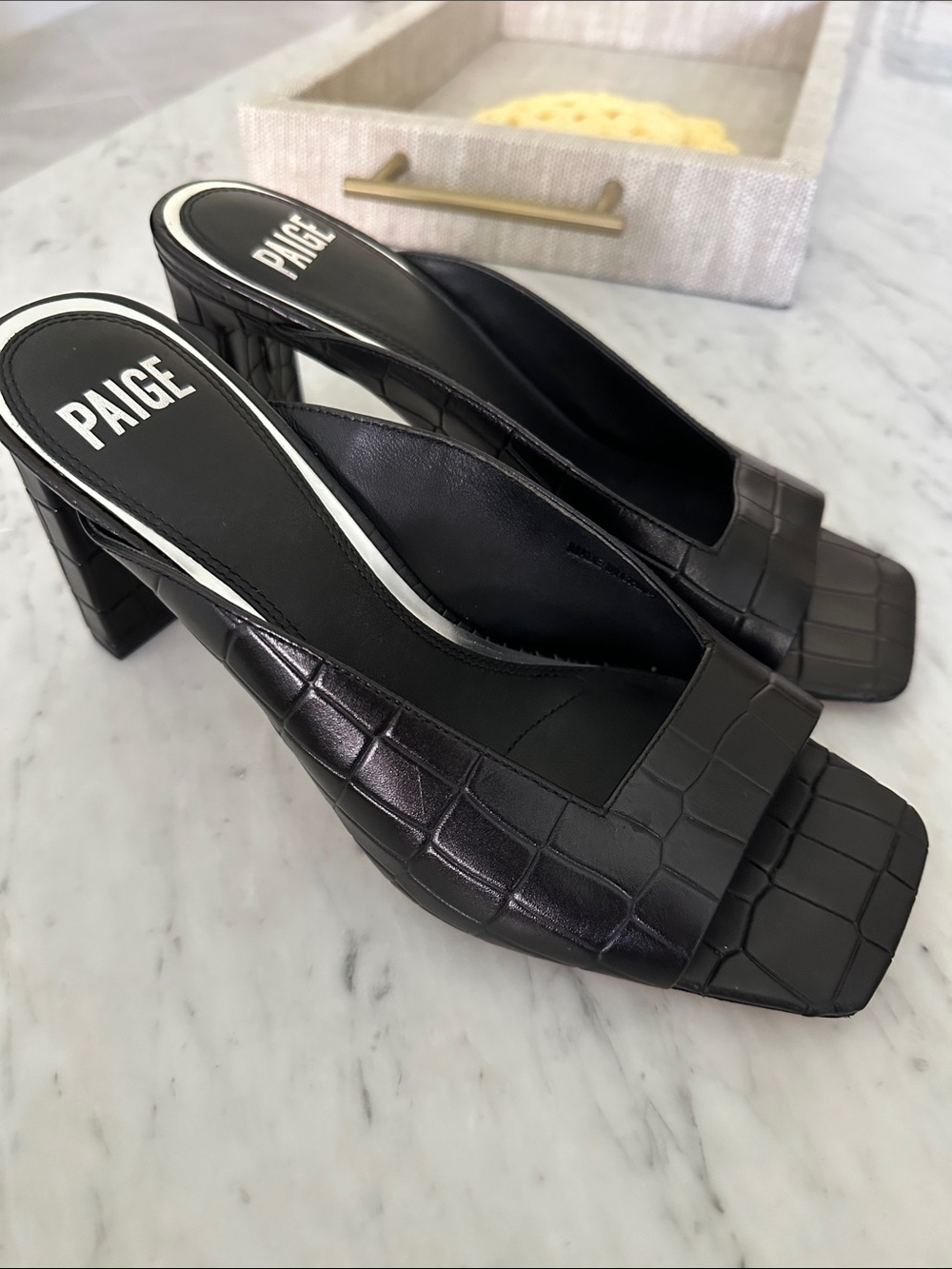 PAIGE Black Croc-Embossed Square Toe Block Heel